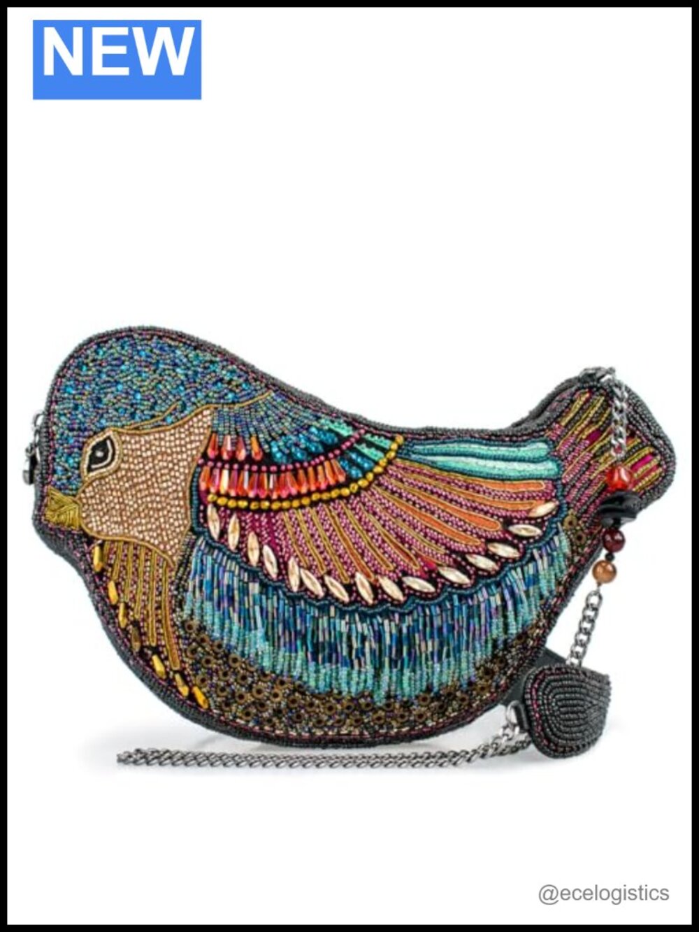 Beaded Crossbody Handbag with Lustrous Wings Bird Novelty Chain Strap